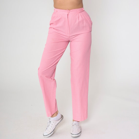 Pink Pinstripe Pants 80s Pleated High Rise Trousers Straight Leg Bubblegum Striped Print Retro Preppy Office Slacks Vintage 1980s Small 26