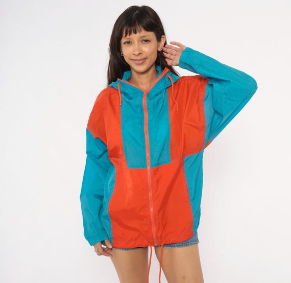 80s Teal Orange Windbreaker Color Block Hooded Zip Jacket Nylon Shell Sporty Athletic Streetwear Colorblock Parka Coat Blue Coral Small S