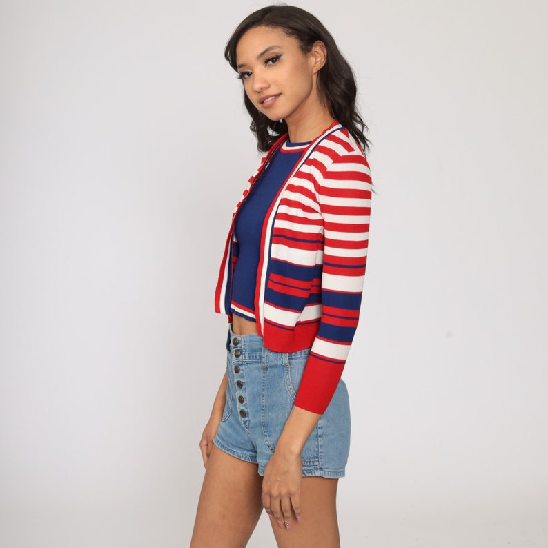 70s Cardigan Set ATTACHED SHIRT Red White Blue Sweater Boho Top Striped Shirt Hippie Vintage Bohemian Top 1970s Extra Small xs image 4