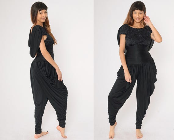 Vintage Black Glitter Harem Jumpsuit 80s Disco Party Outfit Draped Shoulder High Waist Ruched Evening Glam Retro 1980s Embellished Small 4