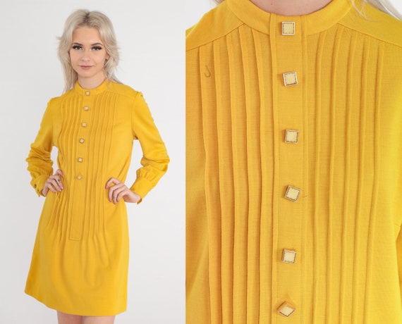 Mod Mini Dress 60s Yellow Wool Blend Dress 70s St… - image 1