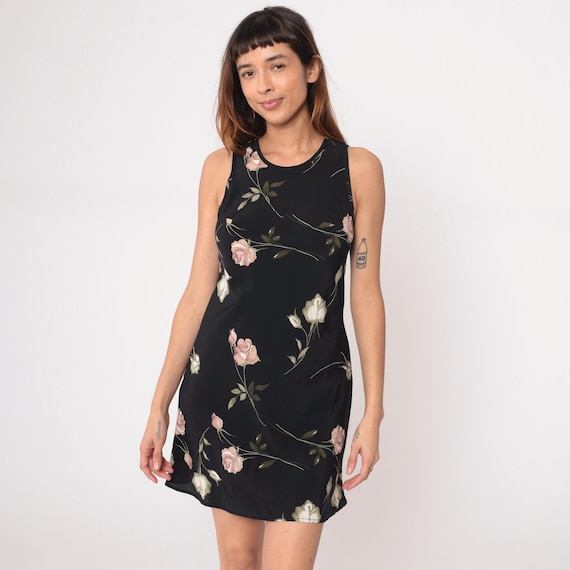 90s Floral Mini Dress Black Pink Rose White Green Sleeveless Vintage Summer Spring Feminine Romantic Keyhole Back Party Soft Grunge Medium M