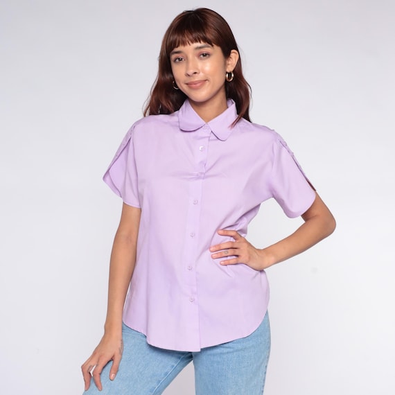80s Lavender Blouse Button Front Short Sleeve Peter Pan Purple Preppy Vintage Light Academia Clean Girl Tulip Sleeve Medium M