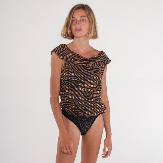 Animal Print Bodysuit Top 90s Leotard Shirt Checkered Tiger Print Cowl Neck Short Sleeve Lingerie Blouse One Piece Vintage 1990s Medium M