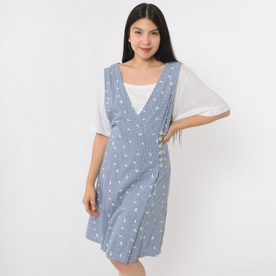 90s Gingham Romper Dress Vintage Skort White Blue Floral Playsuit Short Sleeve Twofer One Piece Jumpsuit Shorts Preppy 1990s 22/24W