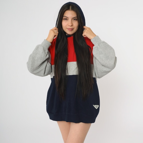 Colorblock Pony Hoodie Vintage 90s Pullover Red Grey Navy Oversized Streetwear Athletic Sporty Hooded Sweatshirt Long Sleeve Large L