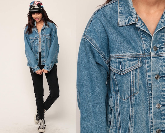 80s Jean Jacket Denim Jacket Blue Stone Wash Trucker PLAID LINED 1980s Vintage Biker Button Up Hipster Large