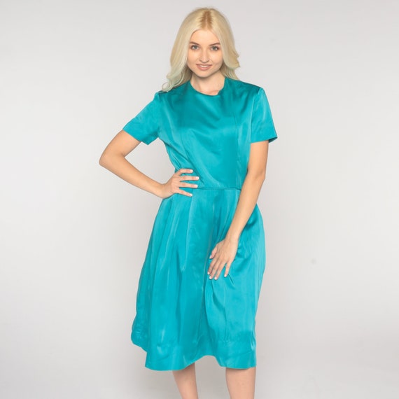 60s Party Dress Turquoise Taffeta Dress 1960s Prom Dress Mad Men 50s High Waisted Princess Dress Shimmery Blue Formal Going Out Small s