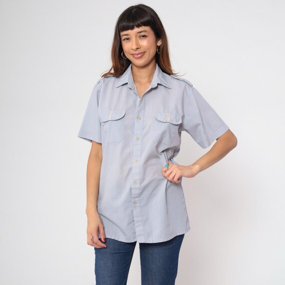 Vintage Blue Utility Shirt 80s Grey-Blue Button Up Retro Military Epaulette Collared Top Chest Pocket Short Sleeve Plain 1980s Men's Medium
