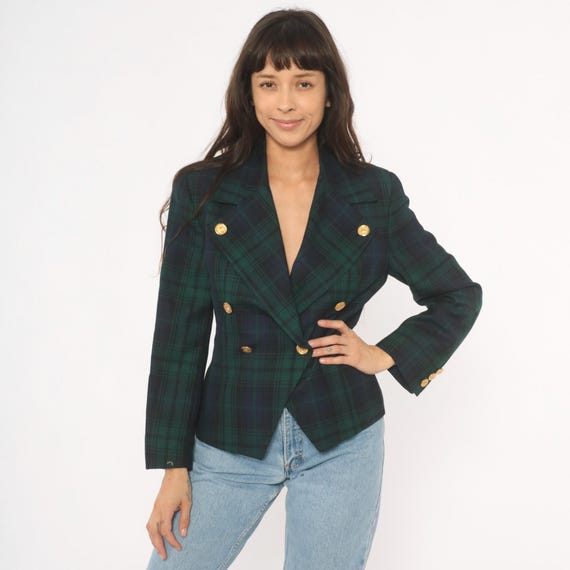 80s Plaid Blazer Black Watch Double Breasted Gold Button Tartan Jacket Power Shoulder Green Wool   Preppy Academic Collegiate Coat Small S