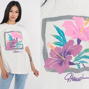 Hawaii T-shirt 90-tals Hawaiiansk Hibiskusblomma Tropisk Blommig Grafisk T-shirt Surfer Tourist T-shirt Enkelsöm Vit Vintage 1990-tals Stor bild 1