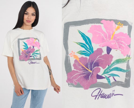 Hawaii T-Shirt 90s Hawaiian Hibiscus Flower Shirt Tropical Floral Graphic Tee Surfer Tourist TShirt Single Stitch White Vintage 1990s Large