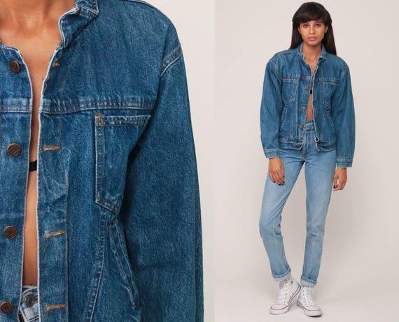 Blue Jean Jacket 80s Denim Jacket Trucker Stone Wash 1980s Vintage Biker 90s Grunge Hipster Coat Small