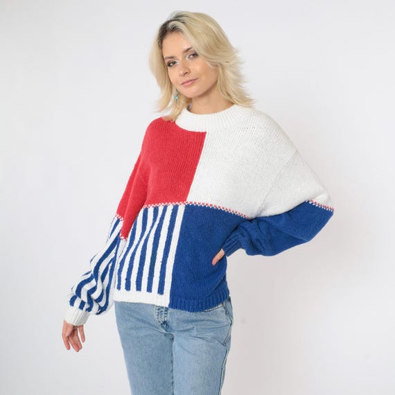 Vintage Color Block Sweater Red White Blue Knit Pullover 90s Striped Ramie Cotton Slouch Retro Crewneck Sweater 1990s Lizsport Medium M