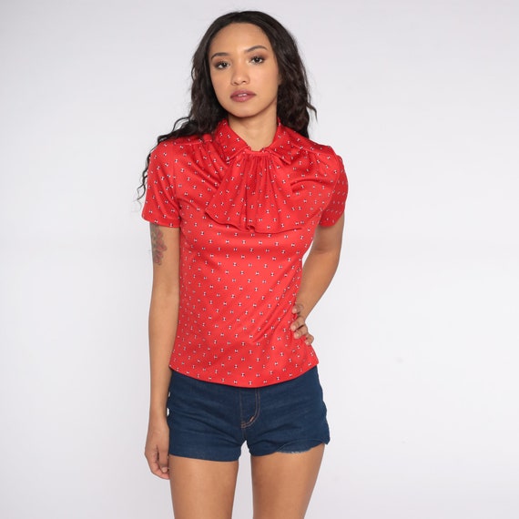 Red Ruffle Blouse 70s 80s Boho Top Ruffle Collar Shirt Square Print Jabot Geometric Pattern Vintage Bohemian 1970s Short Sleeve Small S