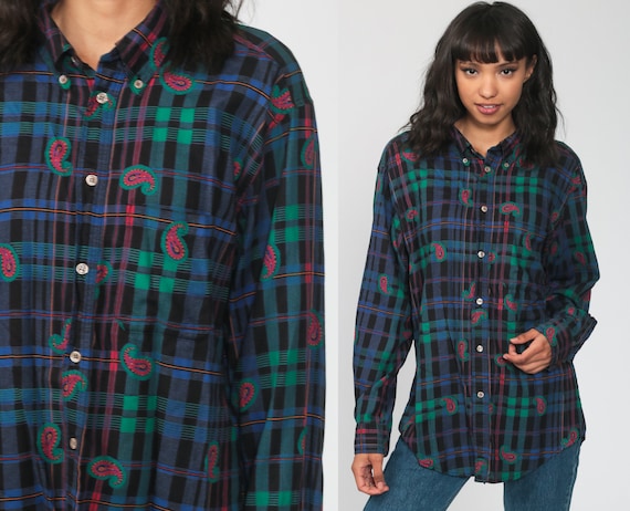 Plaid Paisley Shirt 90s Button Up Shirt 80s Blouse Long Sleeve Top Grunge Collar Blouse Boho 1980s Vintage Blue Medium Large