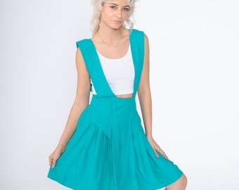 Suspender Shorts 90s Turquoise Overall Shorts Romper Shortalls Retro Pleated Flowy Overalls Twee Summer Wide Leg Baggy Vintage 1990s Small S
