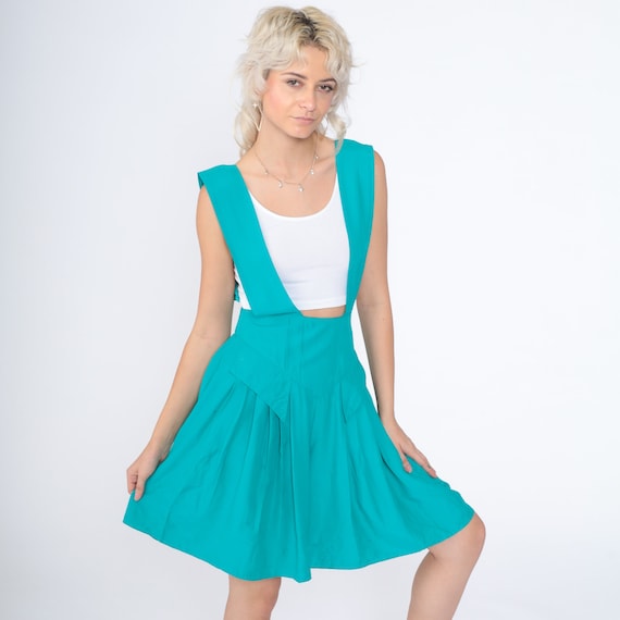 Suspender Shorts 90s Turquoise Overall Shorts Romper Shortalls Retro Pleated Flowy Overalls Twee Summer Wide Leg Baggy Vintage 1990s Small S
