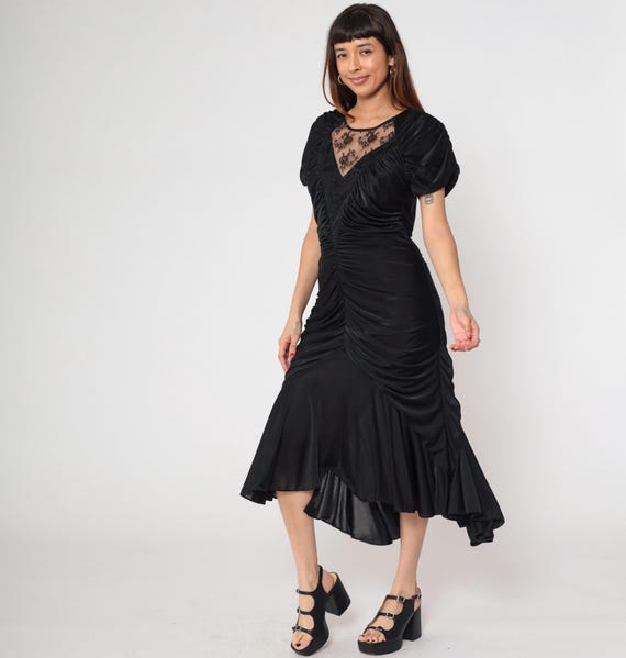 Goth Evening Dress 80s Black Ruched Lace Insert Open Back Puff Sleeve Draped Bodycon Asymmetrical Flounce Hem Cocktail Gothic Witchy Medium