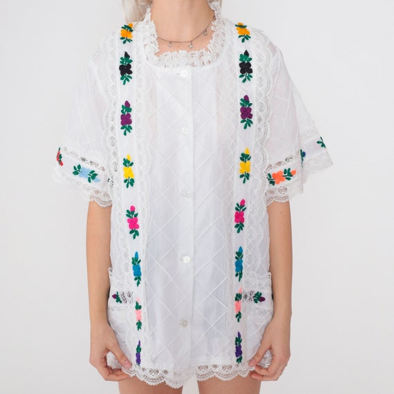 White Floral Blouse 90s Mexican Embroidered Lace … - image 6