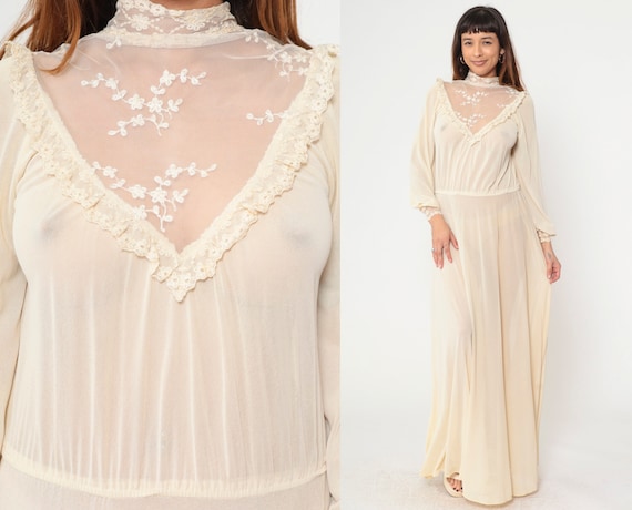Victorian Lace Dress 70s Sheer Cream Maxi Mesh Illusion Neckline Dress Party Formal Dress 1970s Wedding Long Sleeve Vintage Low Waist Large