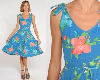 Hawaiian Sundress 80s Blue Tropical Floral Midi Dress Open Back High Waisted Full Skirt Flared Retro Boho Vintage 1980s Extra Small S XS