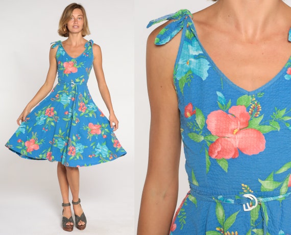Hawaiian Sundress 80s Blue Tropical Floral Midi Dress Open Back High Waisted Full Skirt Flared Retro Boho Vintage 1980s Extra Small S XS