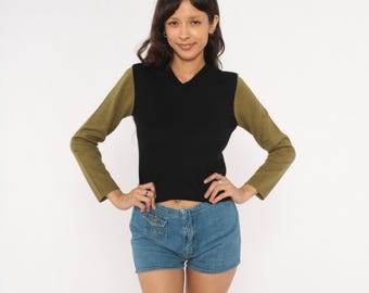 Suéter de los 90 con bloques de color, negro y verde oliva, cuello en V, jersey de punto, manga larga, dos tonos, ajustado, jersey vintage con bloques de color, talla S