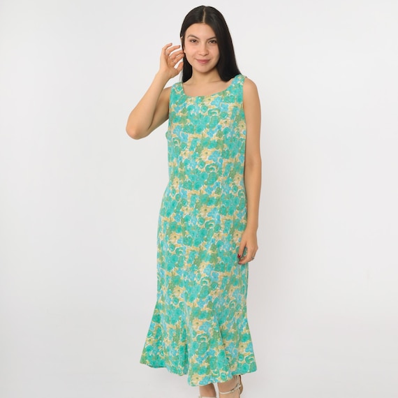 Vintage 90s Floral Dress Blue Mermaid Hem Midi Dress Sheath Summer Day Dress Turquoise Flower Print Sleeveless Sundress 1990s Medium M
