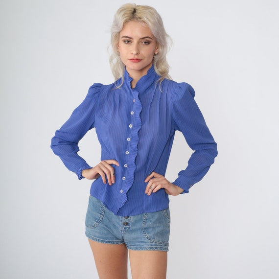 Striped Periwinkle Blouse 70s Puff Sleeve Top Ruffled Button up Shirt Retro Secretary Blouse Seventies Pintuck Pleated Vintage 1970s Small