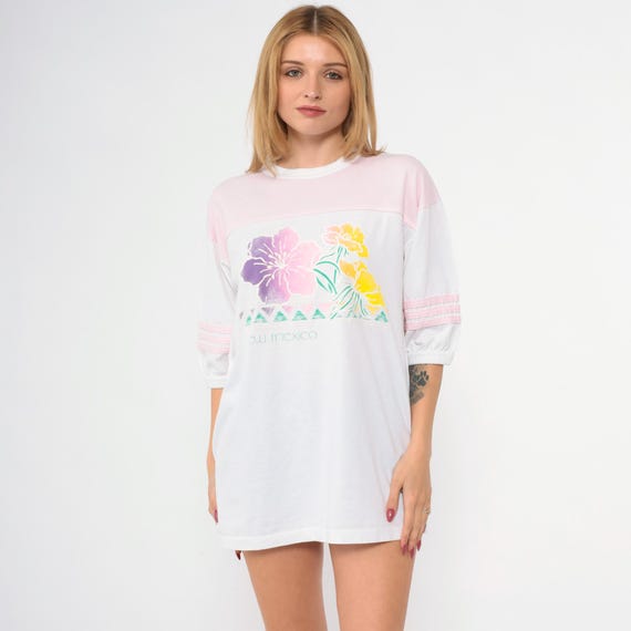 Vintage 80s New Mexico Shirt Baby Pink Floral Ringer T Shirt Graphic Tshirt 1980s Southwest Souvenir Travel Tee White Striped Large xl