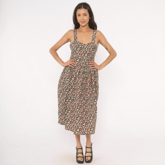 Floral Sundress Cotton Sweetheart Neckline Garden Print Midi Button Back Gathered Waist Sleeveless Prairie Calico Pink Green Fit Flare Small
