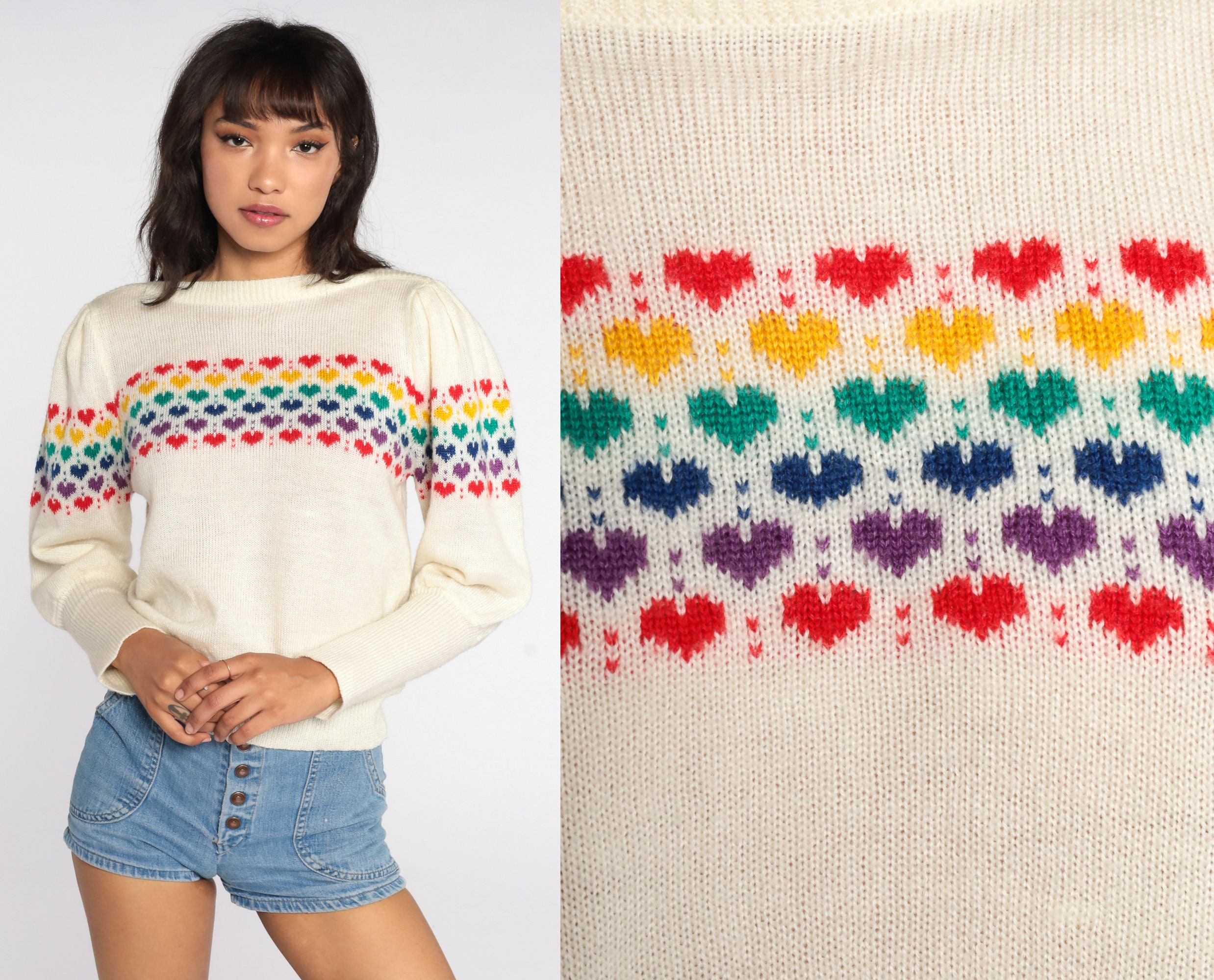 Rainbow Heart Sweater 80s PUFF SLEEVE Sweater Cream Pullover Jumper ...