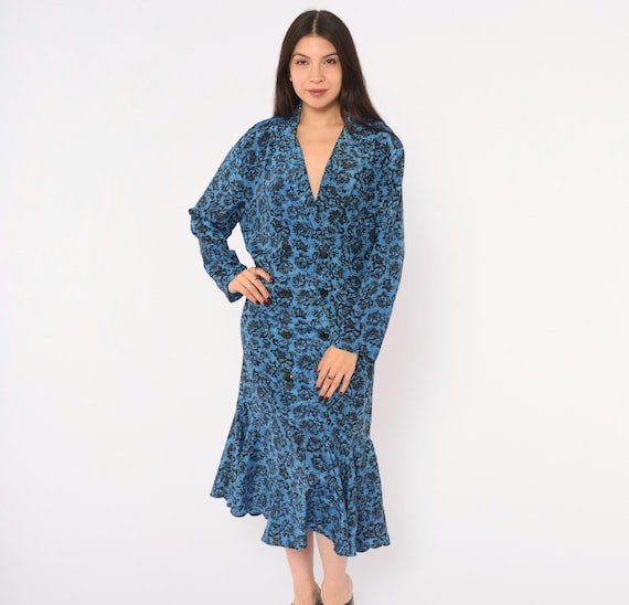 80s Blue Floral Dress Avant Garde Black Rose Double Breasted Button Front Long Sleeve V Neck Drop Waist Flounce Hem Day Dress Extra Large XL