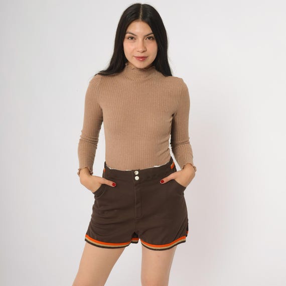 70s Ringer Shorts Athletic Brown Retro Striped Trim Orange Mod Style Ladies First Vintage Sport Running Track Gym High Waisted Medium M