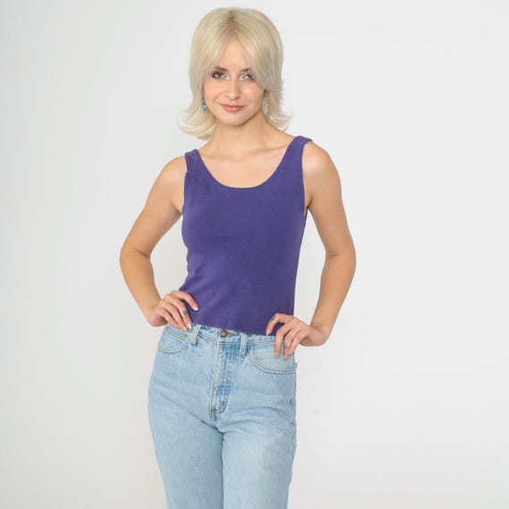90s Purple Tank Top Plain Bodycon Crop Top Retro Scoop Neck Sleeveless Cropped Shirt Tight Fitted Vintage 1990s Low Back Small xs