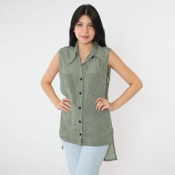 Vintage Checkered Sleeveless Shirt 90s Black Cream Tank Top Long Tail Button Up Collard Blouse 1990s Grunge Top Normcore Basic Large 12