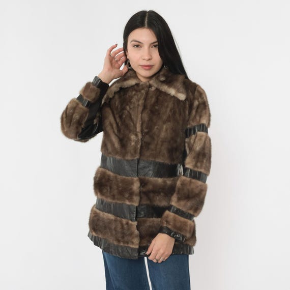 Vintage Brown Fur Leather Coat 1970s Patchwork Striped Real Fur Lined Mid-Length Jacket 70s Boho Glam Statement Outerwear Small S