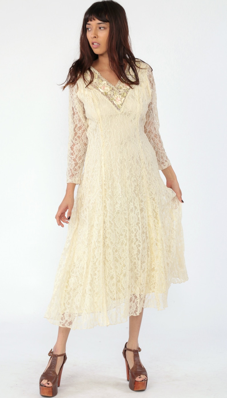 Cream Lace Dress 80s Party Wedding Dress Long Sheer Sleeve Romantic V Neck Midi Cocktail 1980s Bohemian Vintage Formal Small 6