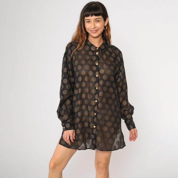 Vintage Sheer Polka Dot Shirt Plus Size Black Gold Top Button Up Shirt 90s Long Sleeve Blouse 1990s Retro 2x