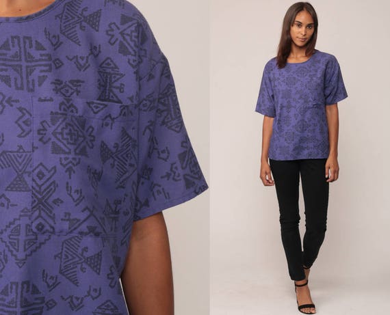 Aztec Tshirt Tribal Shirt Grunge Tee Southwest 80s Surfer Southwestern 90s T Shirt Purple Pocket Short Sleeve Medium Large