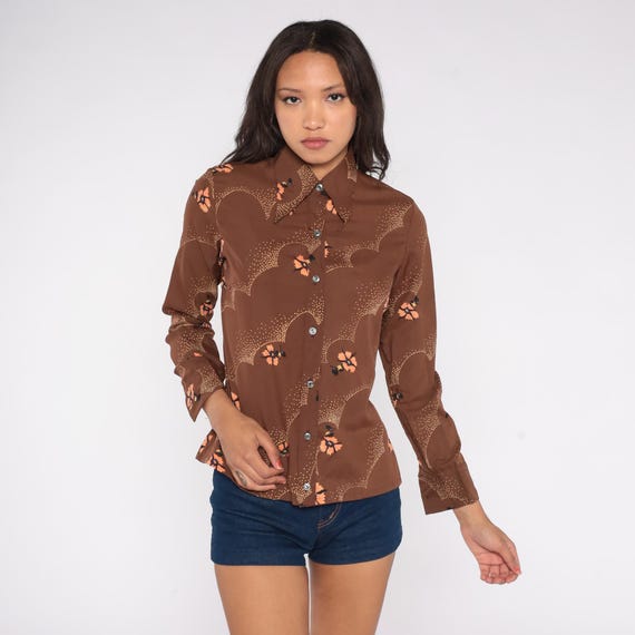 Brown Floral Blouse 70s Chocolate Shirt Coral Flower Print Gold Dot Pattern Pointed Collar Fall Autumn Wear Button Cuff Small S Size 3