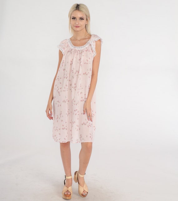 80s Floral Dress Baby Pink Tulip Sleeve Lace Trim Midi Dress Boho Hippie Pastel Rosebud 1980s Short Sleeve Vintage Shift Cottagecore Medium