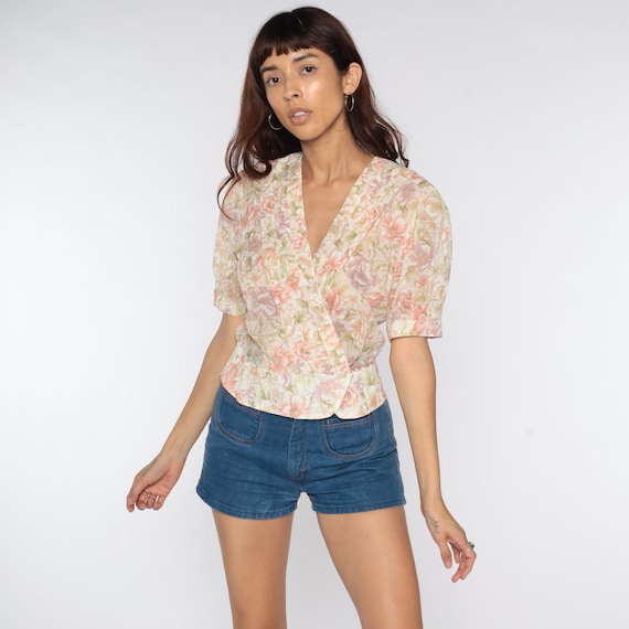 80s Floral Shirt Puff Sleeve Blouse Floral Shirt Wrap Shirt Pink Purple Boho Vintage Short Sleeve V Neck Bohemian Retro Medium