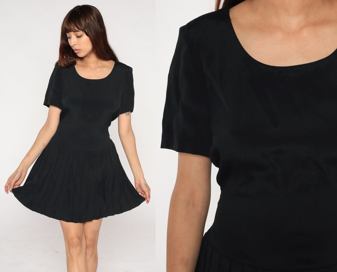 Black Mini Dress 90s Pleated LBD Minidress Button Back Shift Short ...
