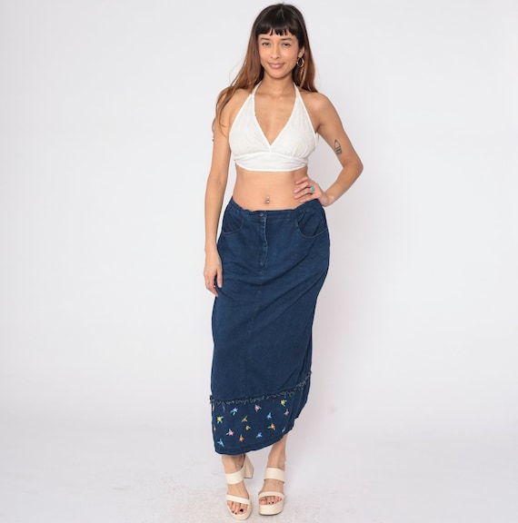 Denim Maxi Skirt Y2k Jean Skirt Floral Embroidered Pencil Skirt Summer Streetwear Ankle Length Slit Vintage 00s Samantha Edwards Large 12