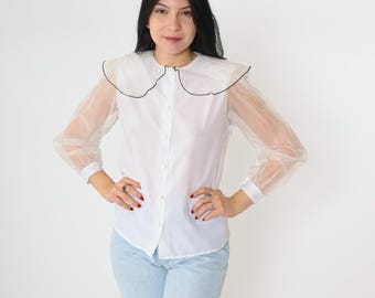 Vintage 80er Jahre Weiße Bluse Organza Puffärmel Oversized Bubikragen Party Top Button Up Romantisches Retro Hemd 1980s Small S