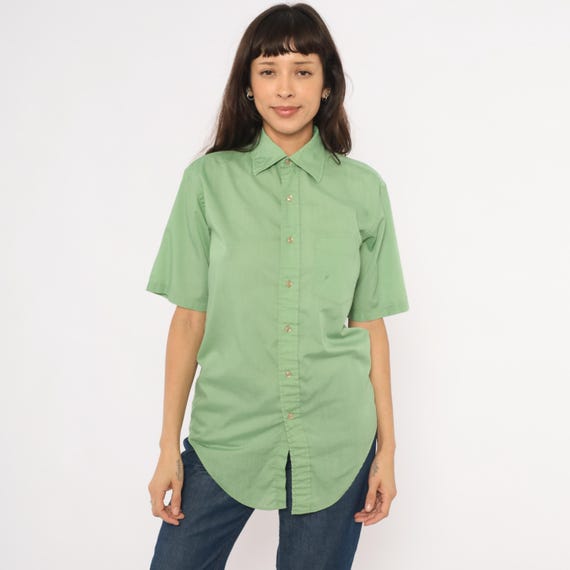 70s Sage Button Down Mossini Short Sleeve Collar Shirt Olive Green Cotton Pointed Pocket Front Moss Toned Camp Top Preppy Vintage Small S
