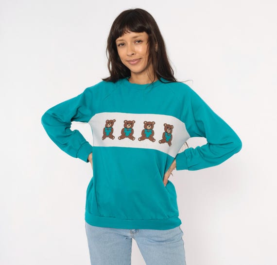 Teddy Bear Sweatshirt 90s Teal Crewneck Pullover White Colorblock Raglan Sleeve Cute Animal Heart Bow Tie Aqua Turquoise Vintage Medium M