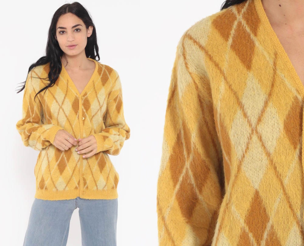 70s Argyle Cardigan Sweater -- Plaid Wool Sweater Mohair DIAMOND PRINT Yellow Grunge Button Up 